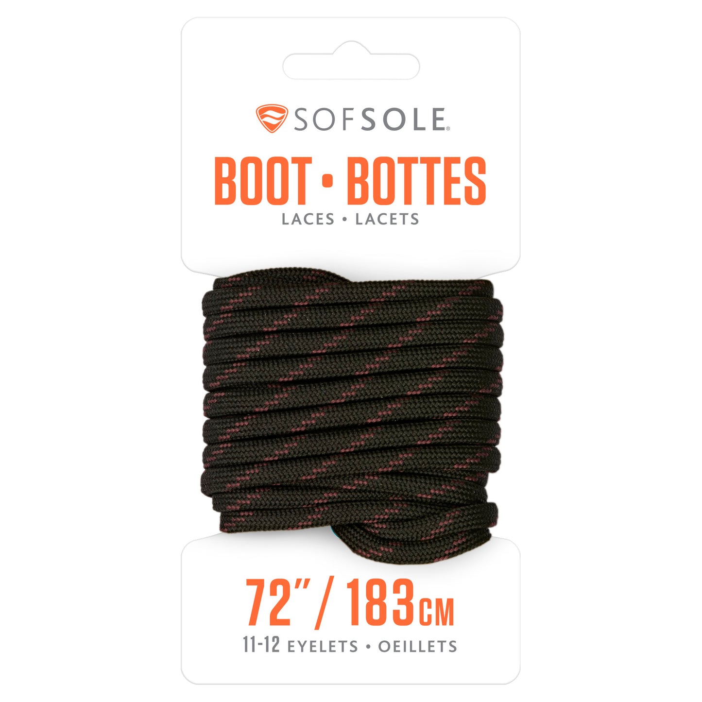 A coiled boot lace on packaging for SOFSOLE laces in a shoe store display
