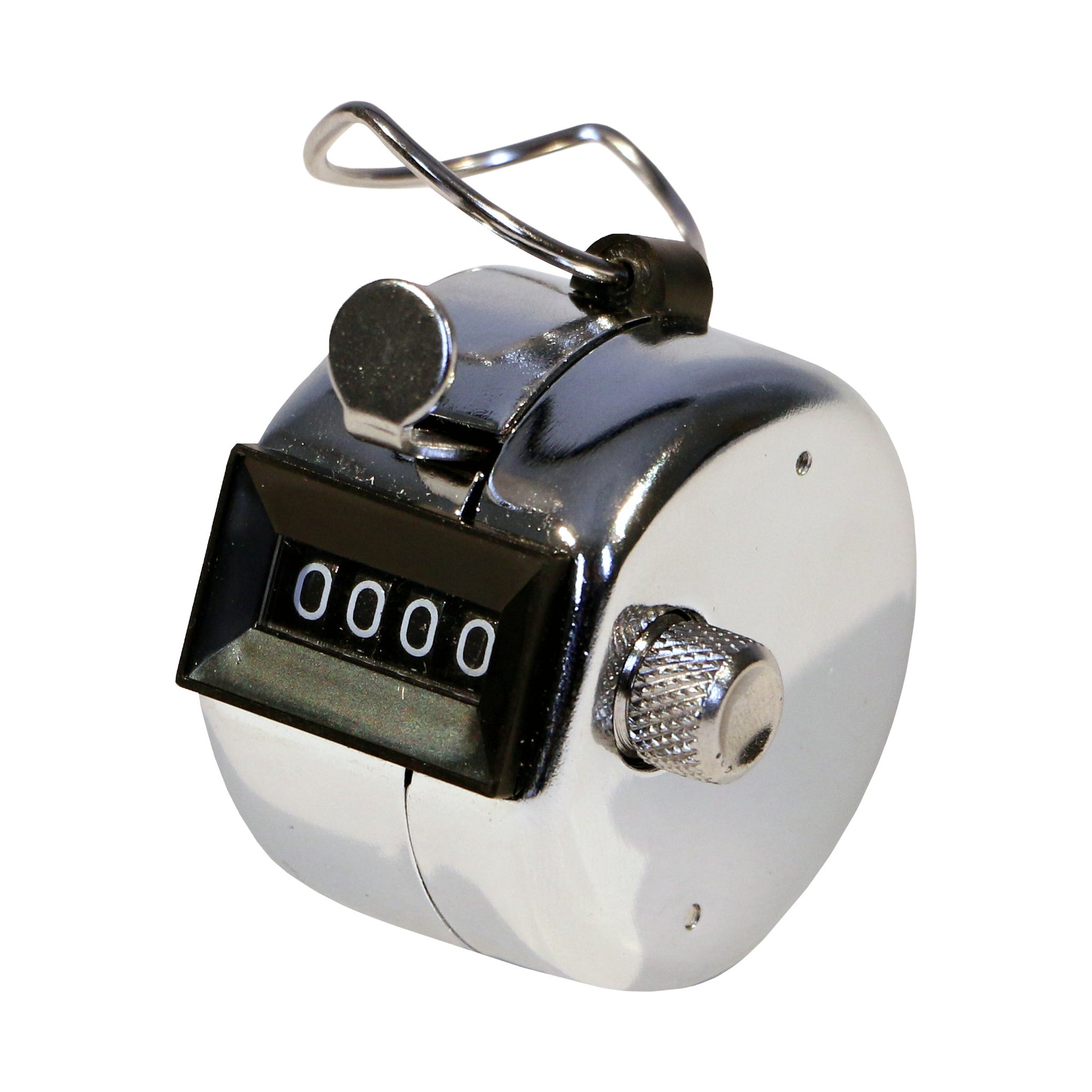 A mechanical counter records counts in a setting with a metal clip attachment.