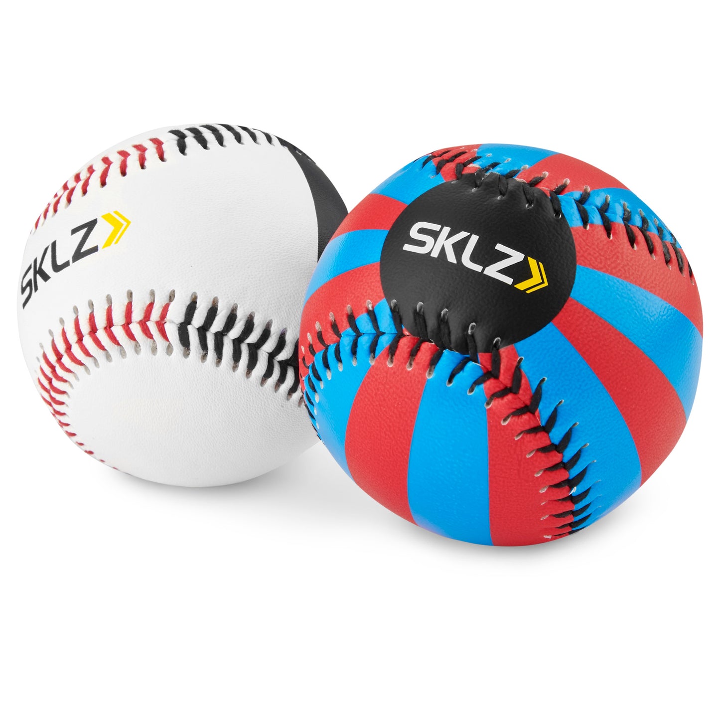 A baseball and a medicine ball are placed on a white background for training or exercise.