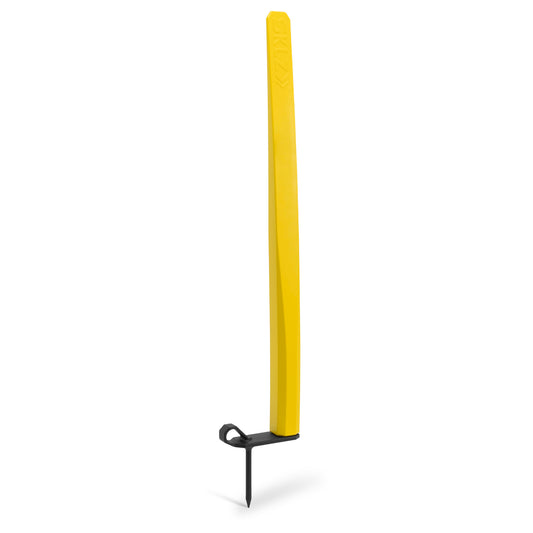 Yellow training pole stands on a black base, ready for sports drills on a white background.