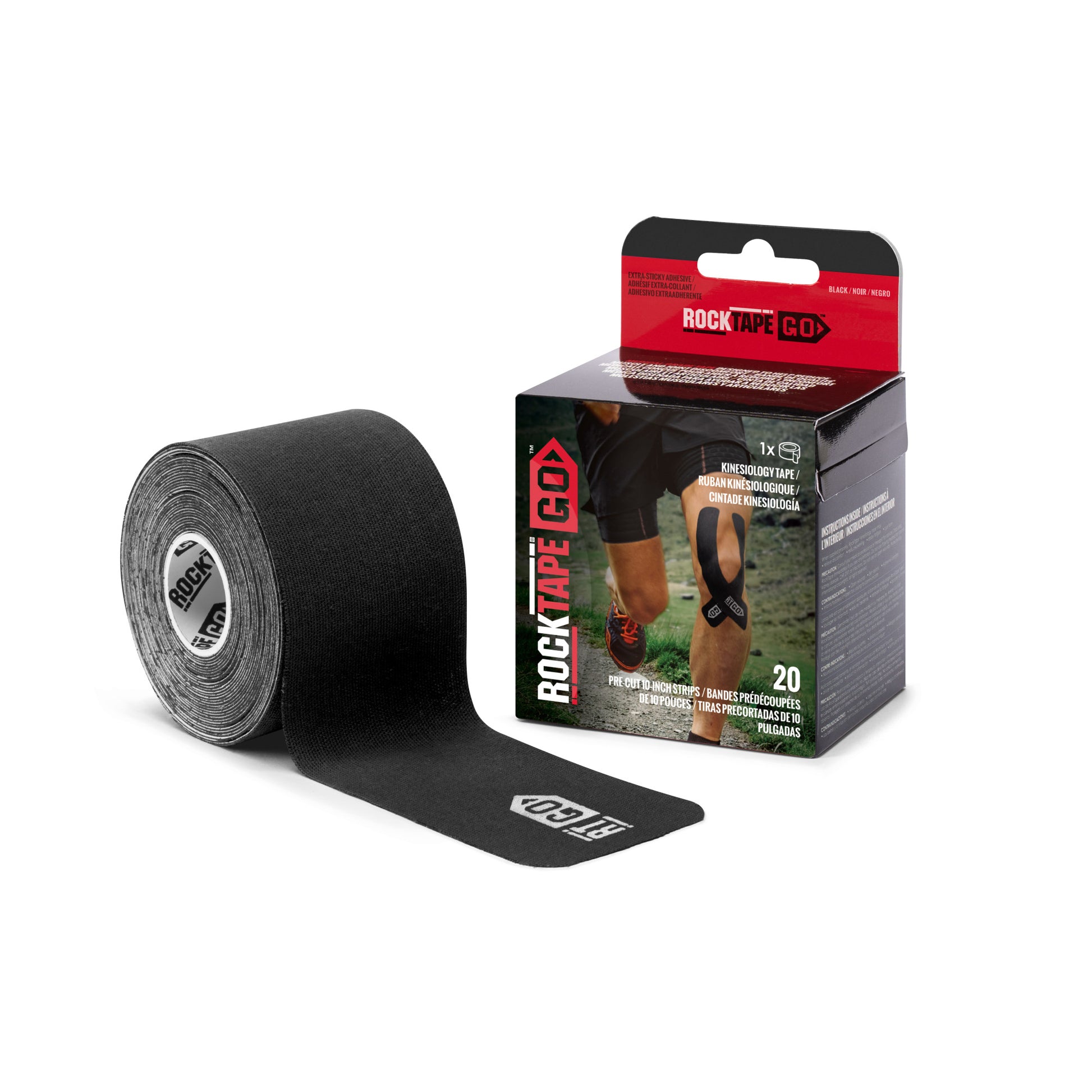 The roll of Rock Tape is used for kinesiology support on an athlete's leg during sports activity.