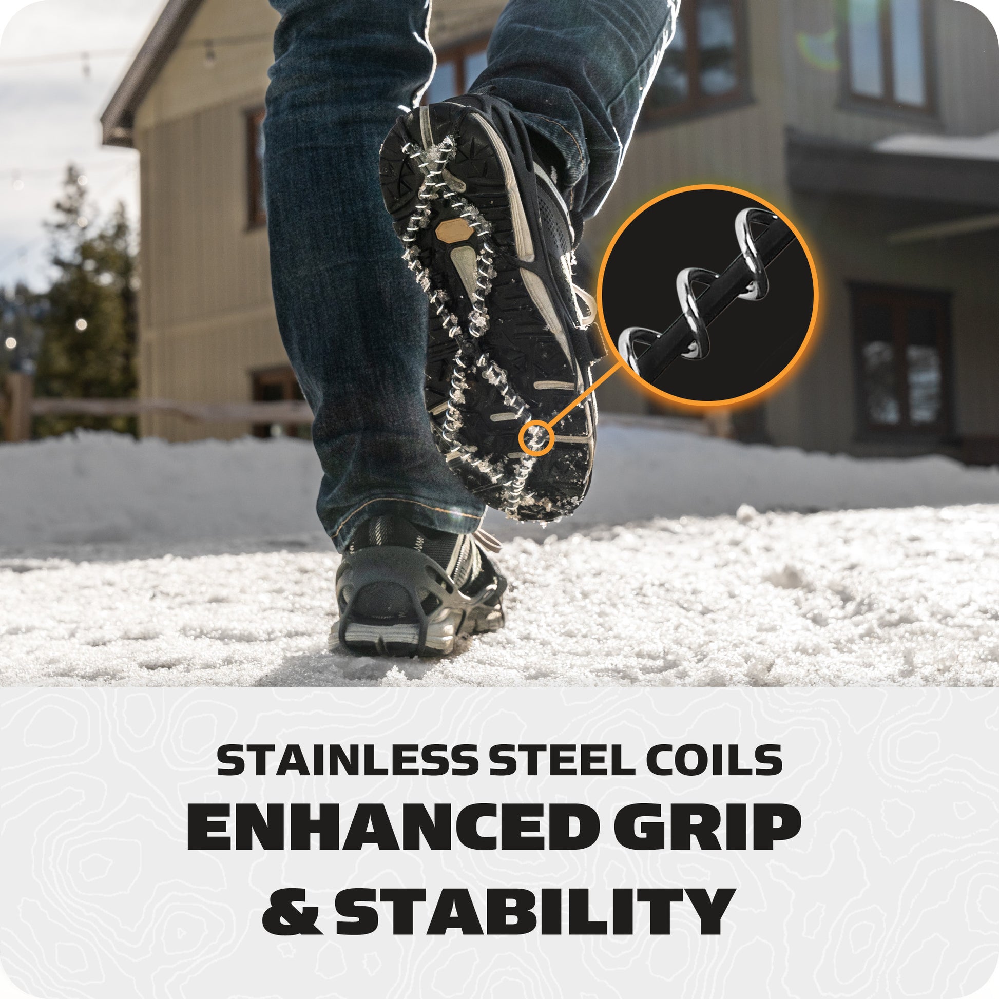 Shoe with stainless steel coils providing enhanced grip and stability during walking in snow.
