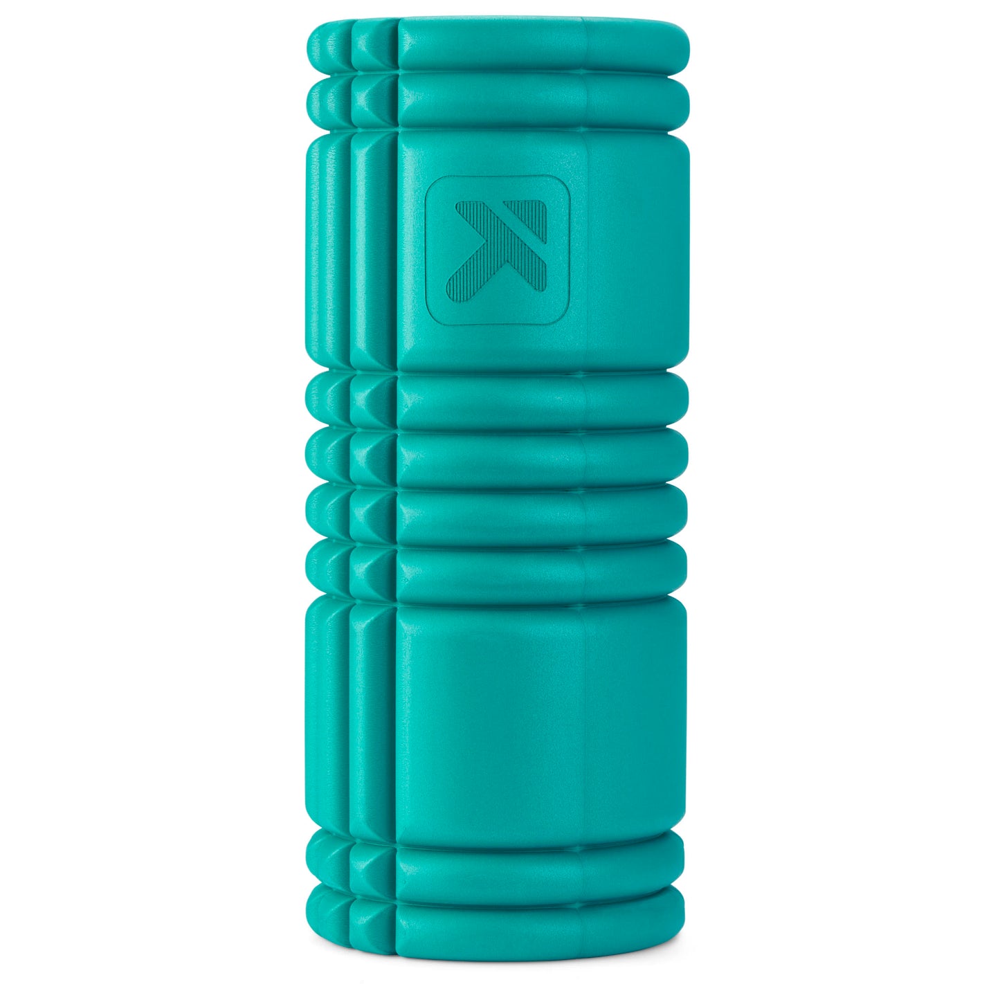 A blue foam roller rolls on a white background for muscle relaxation and exercise.