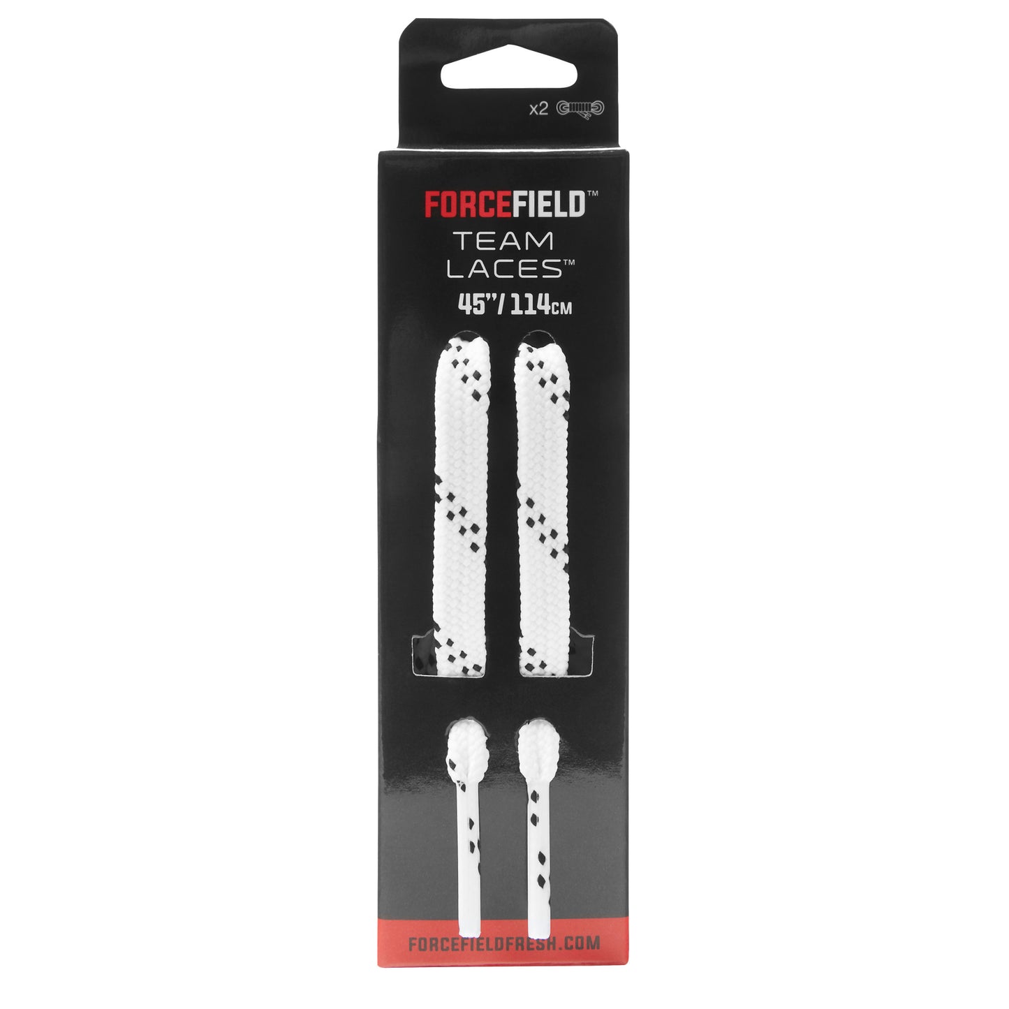 Pair of white laces with black dots for athletic shoes inside packaging