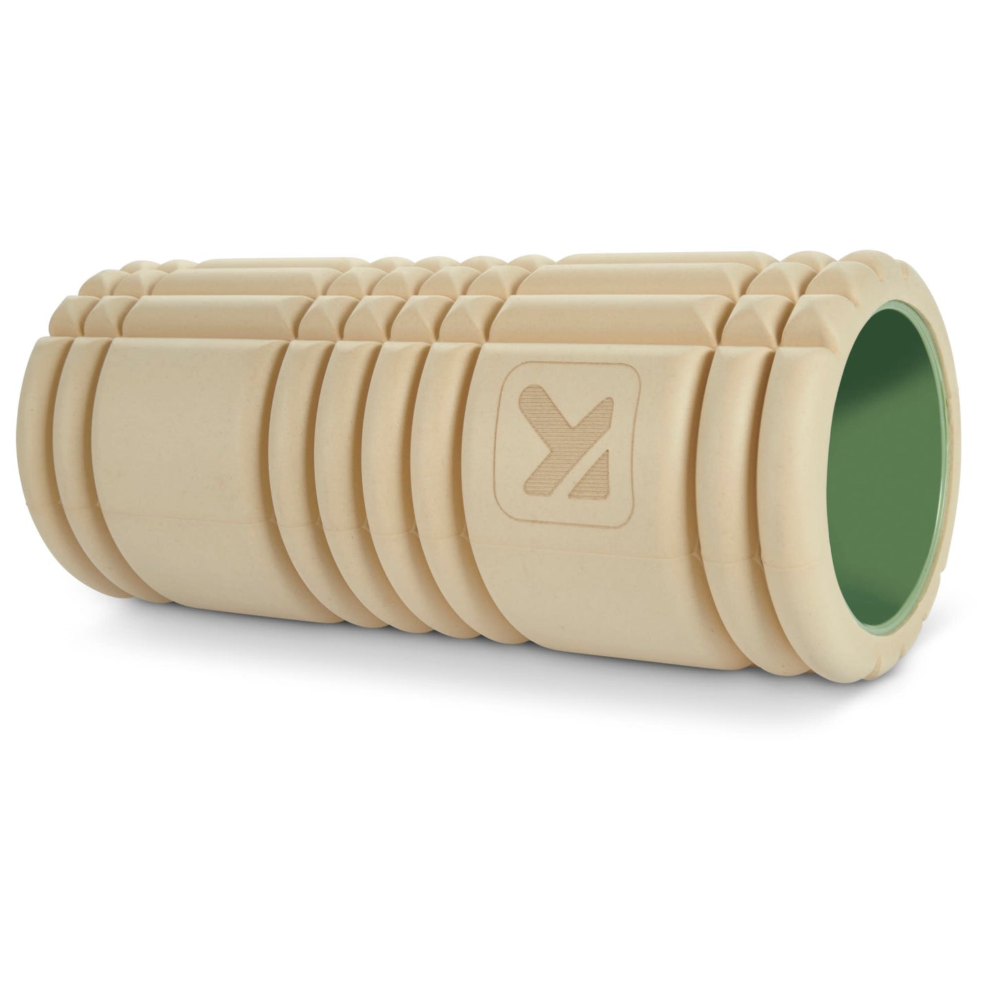 Coiled foam roller rolls on a white surface in a neutral environment