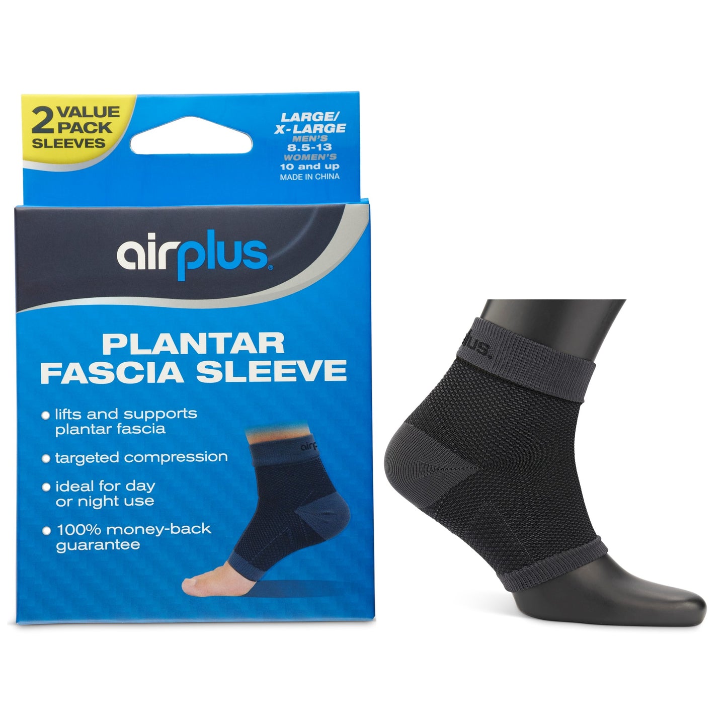 A black ankle brace supports a mannequin ankle on a white background