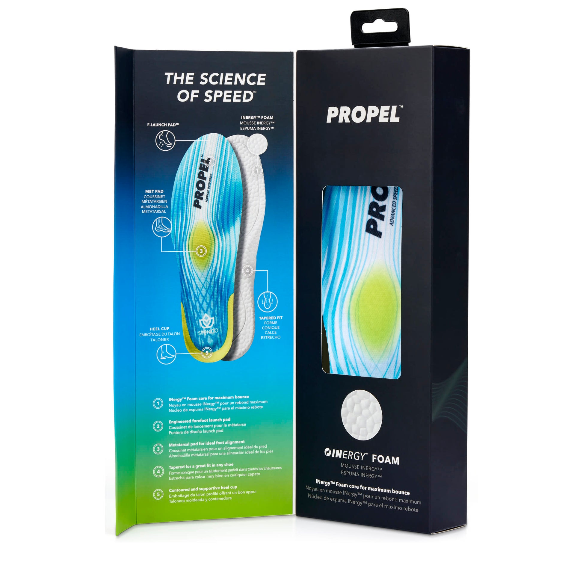 The shoe insoles demonstrate cushioning and energy foam technology in packaging on a black background.