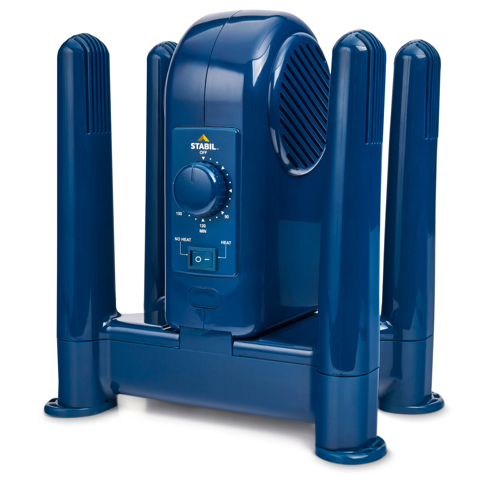 A blue space heater heats a room with adjustable temperature settings.