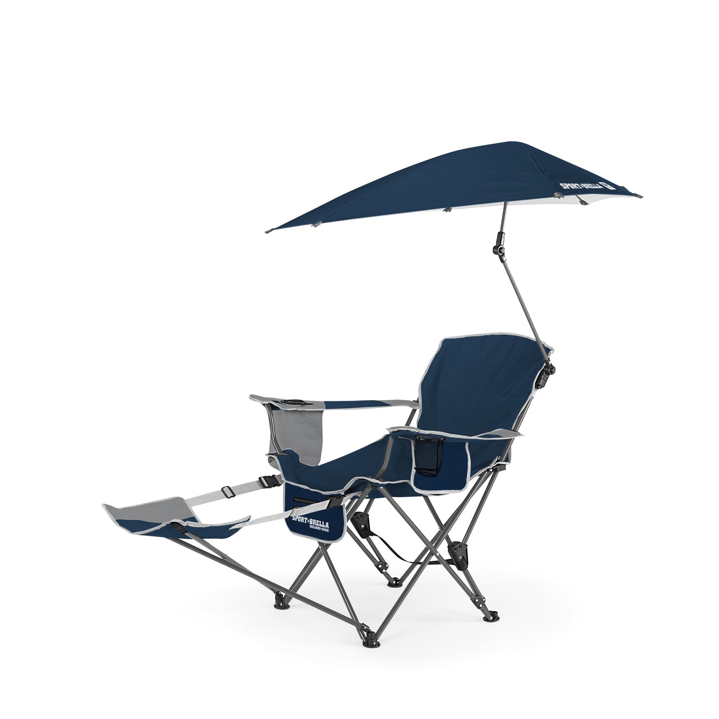 The chair is positioned on a beach with an attached umbrella providing shade.