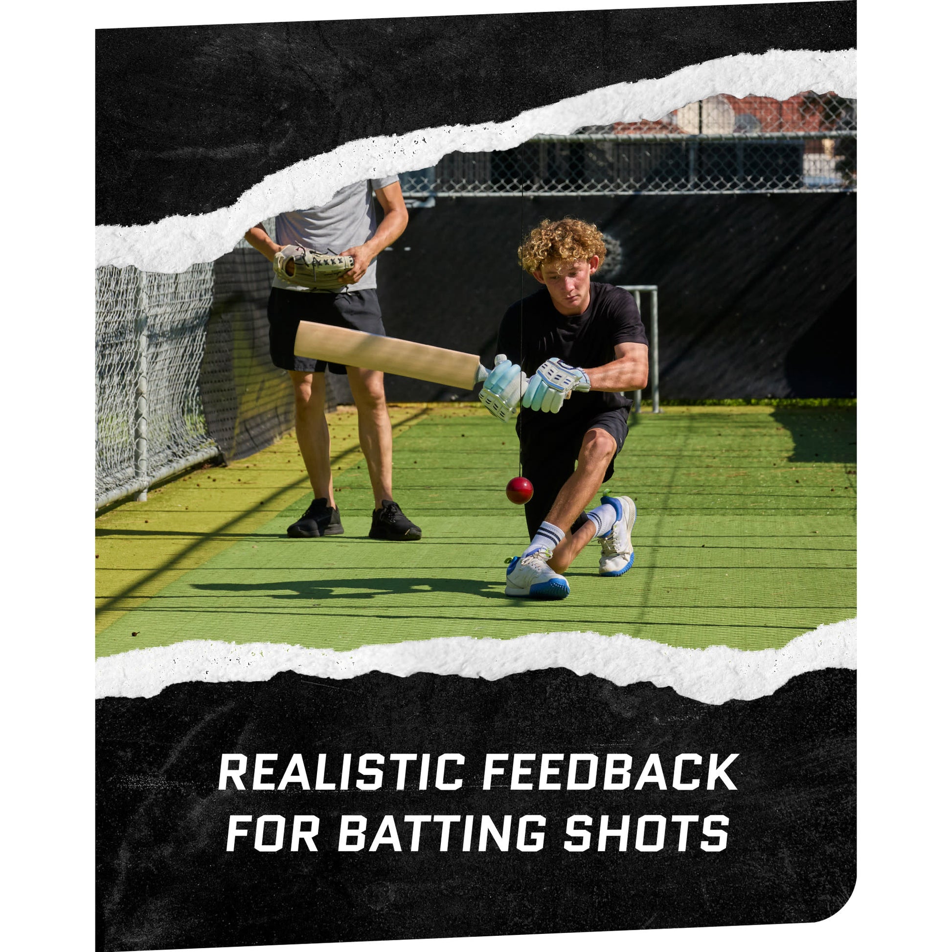 Action shot of male using SKLZ Cricket Batball Trainer with male watching at a field with overlay text highlighting realistic feedback on shot
