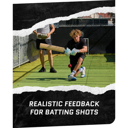 Action shot of male using SKLZ Cricket Batball Trainer with male watching at a field with overlay text highlighting realistic feedback on shot
