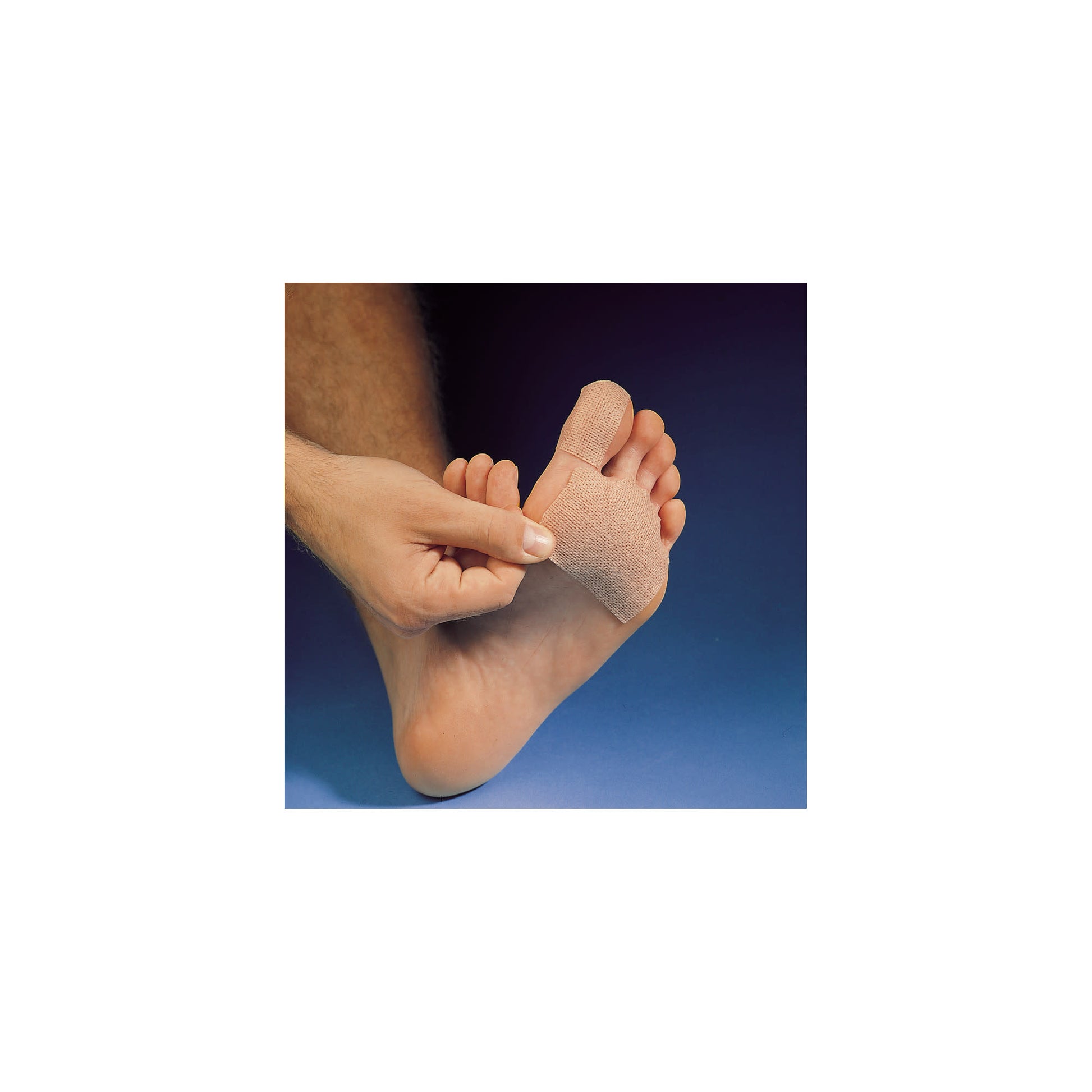 Foot wearer applies adhesive bandage to toe in a medical setting