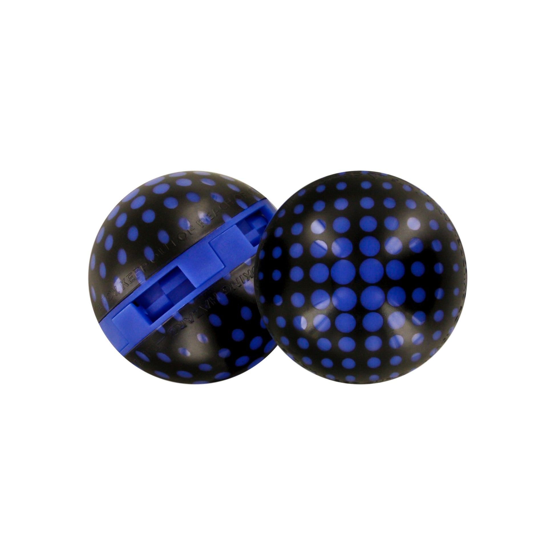 Two black and blue balls with dotted patterns sit on a white background.