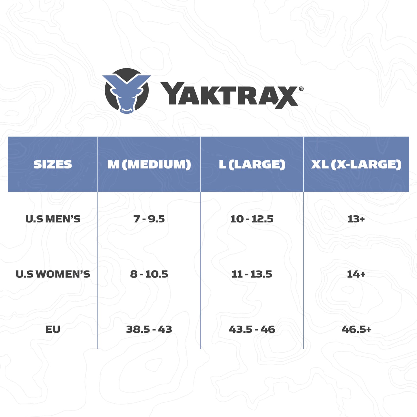 Table displaying Yaktrax size charts for men women and EU with size ranges in different regions