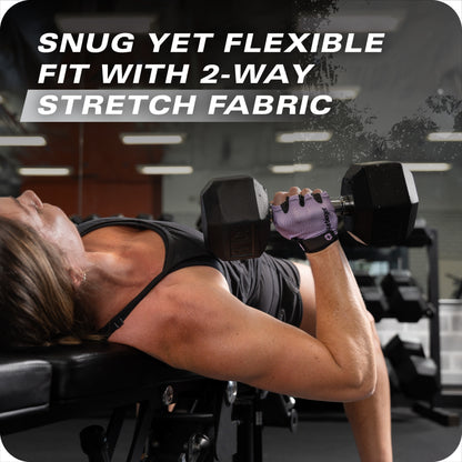 Woman performs dumbbell bench press on a workout bench in a gym using stretch fabric.