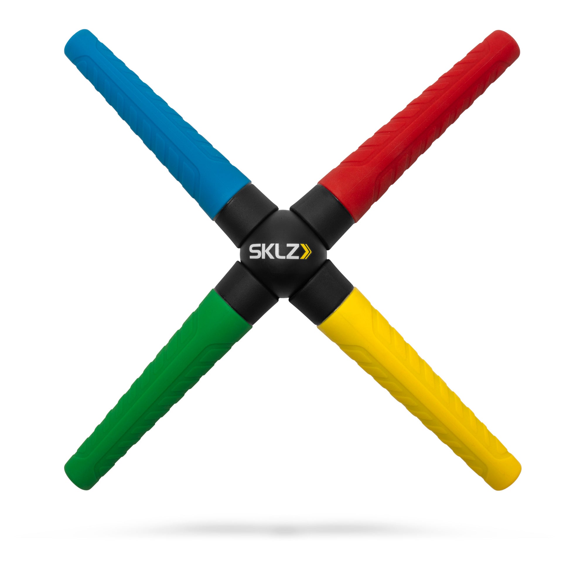 Four colored handles rotate around a central joint in an exercise equipment or toy.