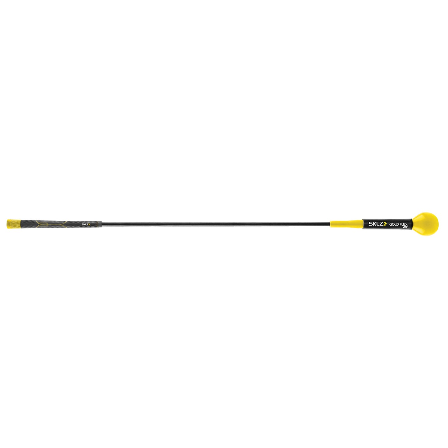 A black and yellow golf club with a rounded yellow end in a white background