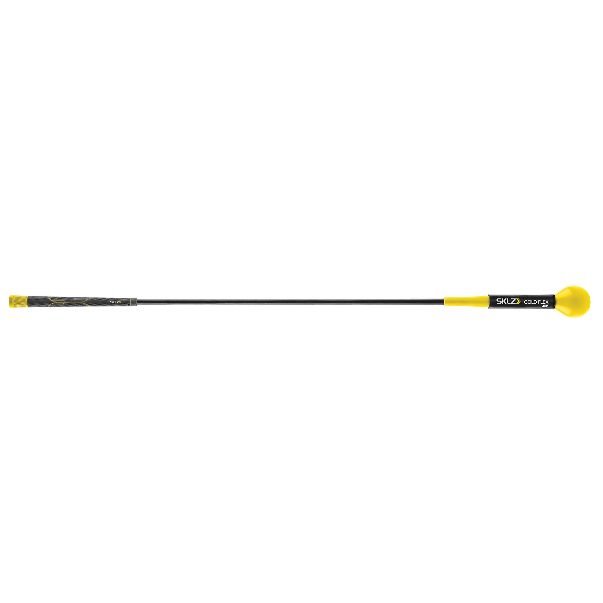 A black and yellow golf club with a rounded yellow end in a white background