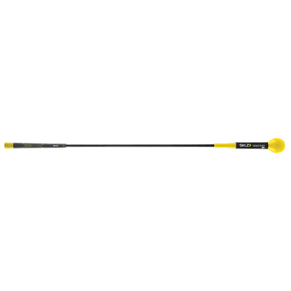 A black and yellow golf club with a rounded yellow end in a white background