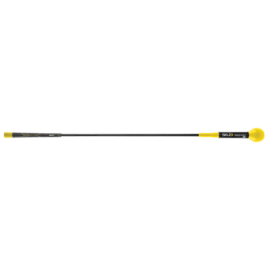 A black and yellow golf club with a rounded yellow end in a white background