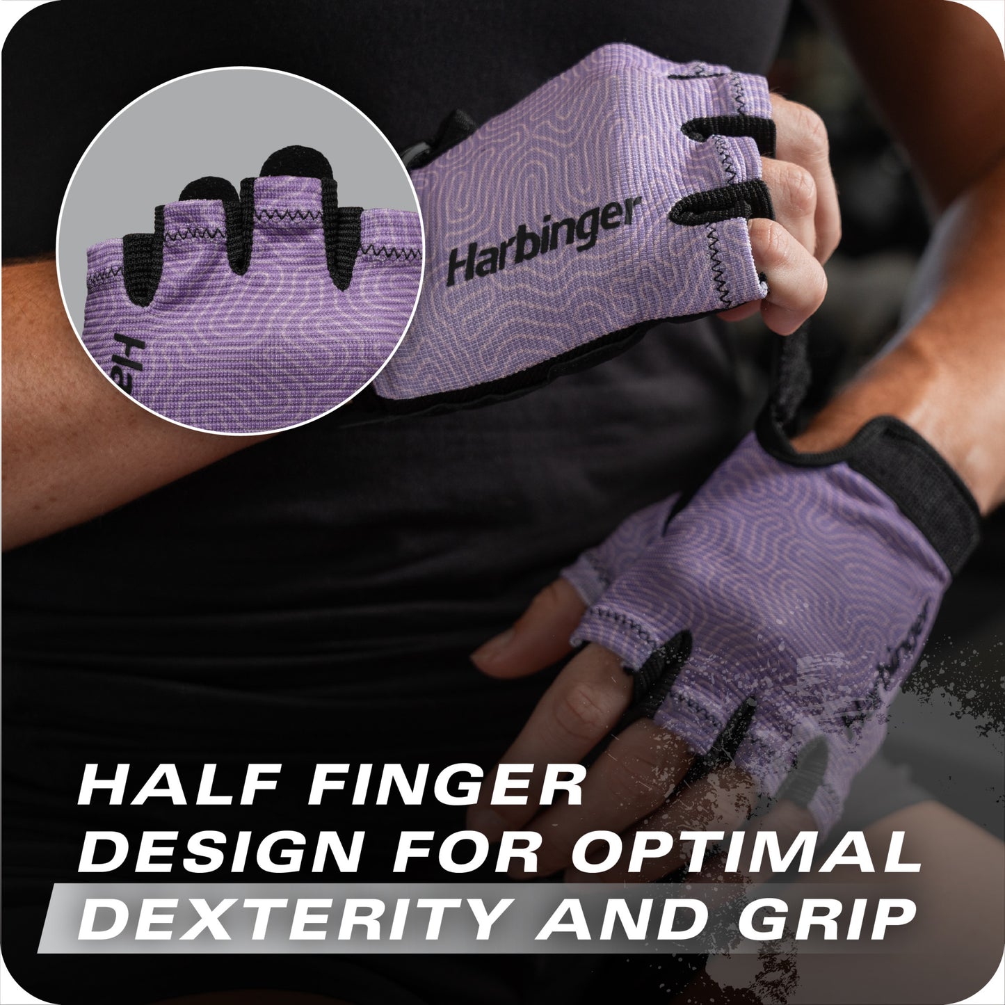 A person wears Harbinger half-finger workout gloves for enhanced grip and dexterity.