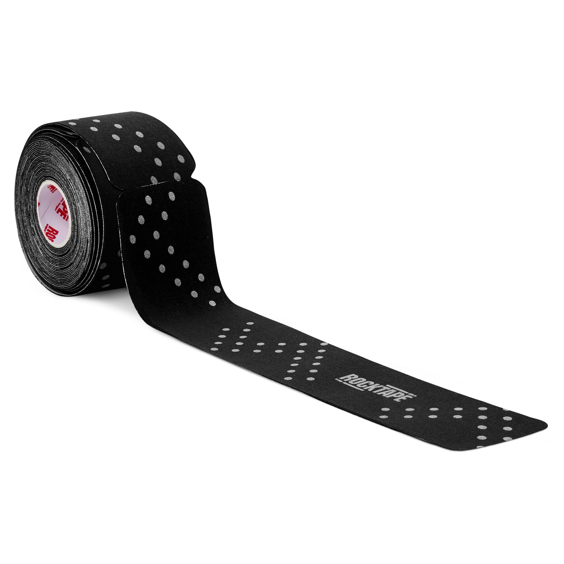 A roll of black athletic tape with white dots resting on a white background.