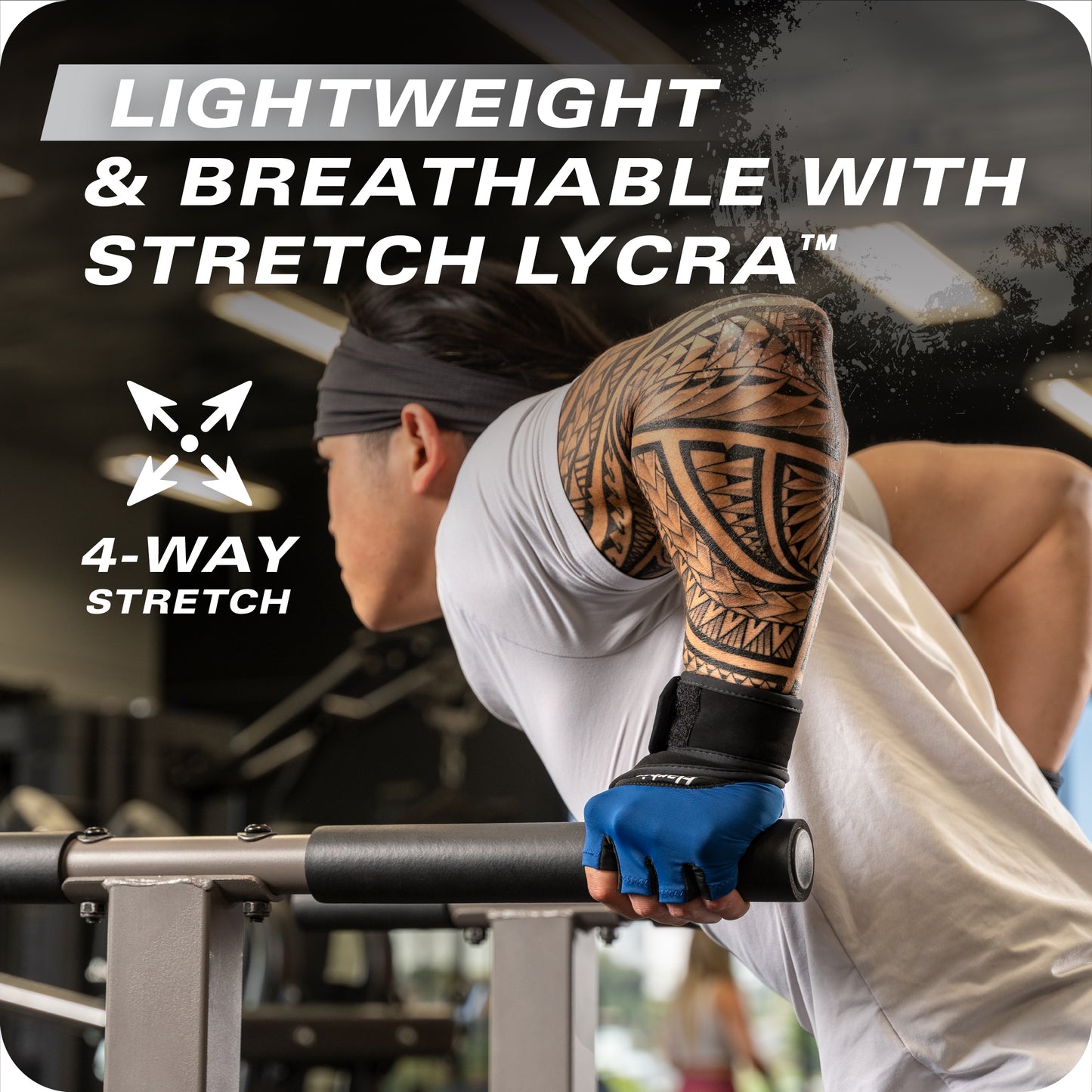 Tightened arm with tattoo stretches stretch Lycra during workout at gym