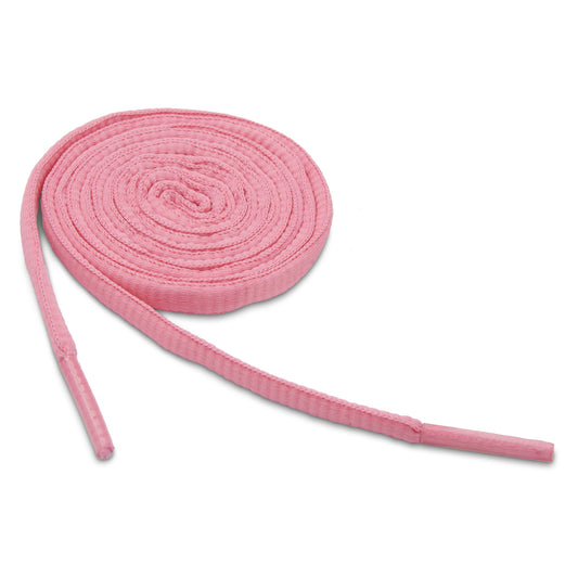 The pink shoelace is coiled on a white background.