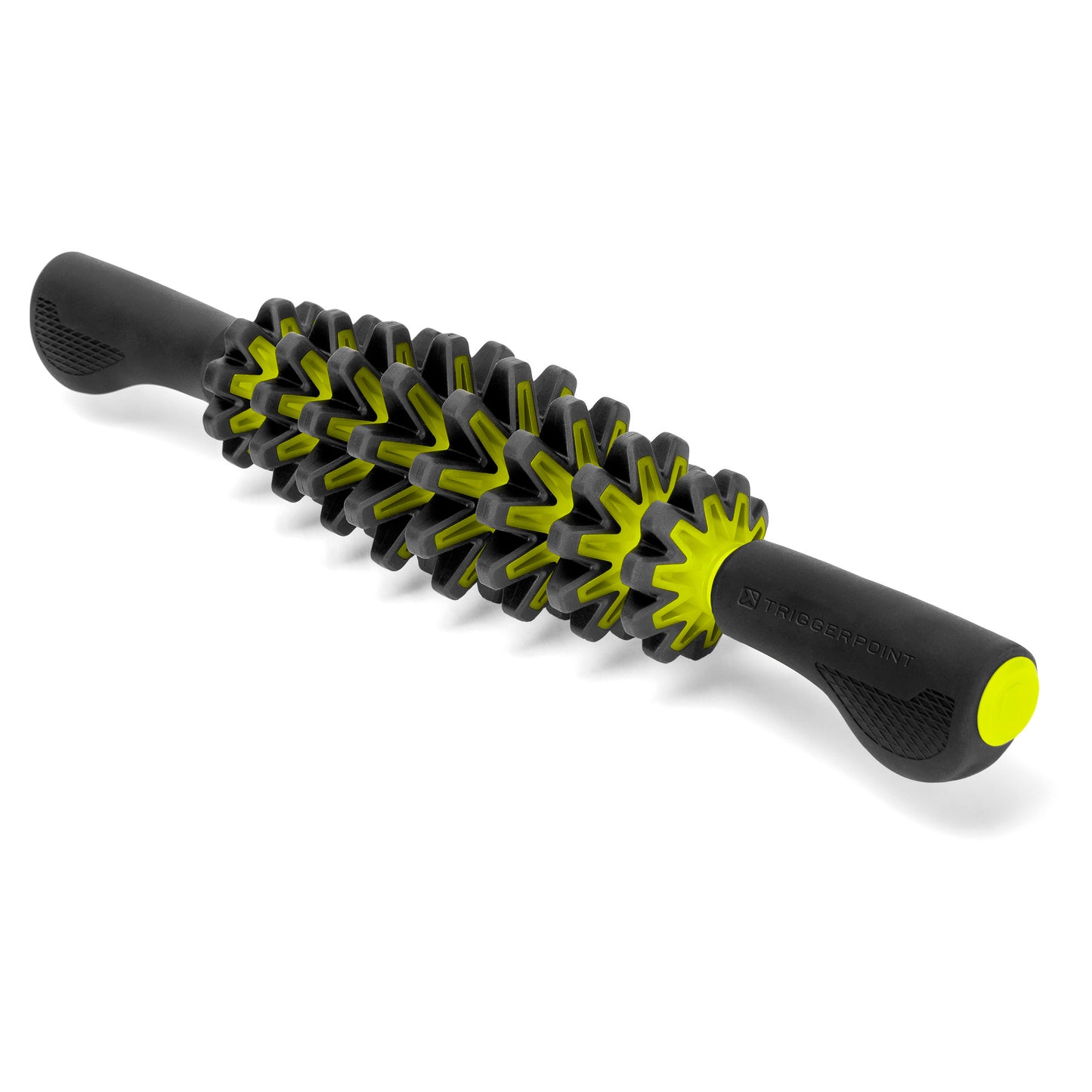 A flexible massage roller with a textured surface lies on a plain background.
