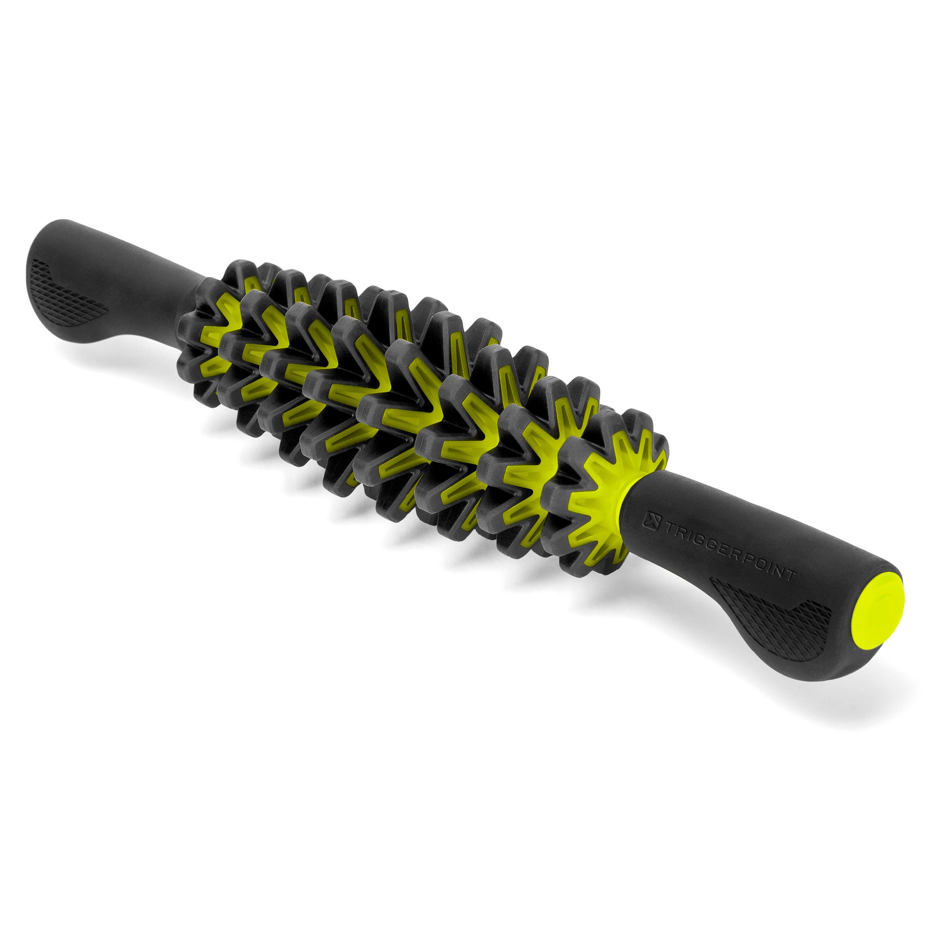 A flexible massage roller with a textured surface lies on a plain background.