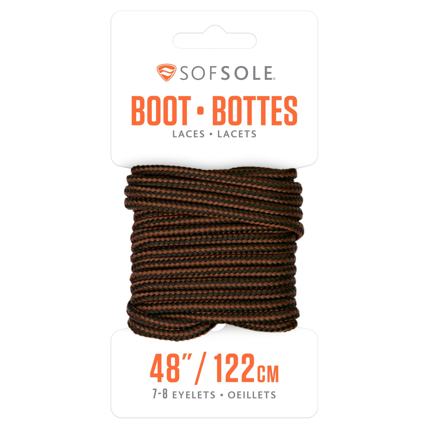 Sofsole boot lace wraps around on itself in a coil, attached to packaging with size information.