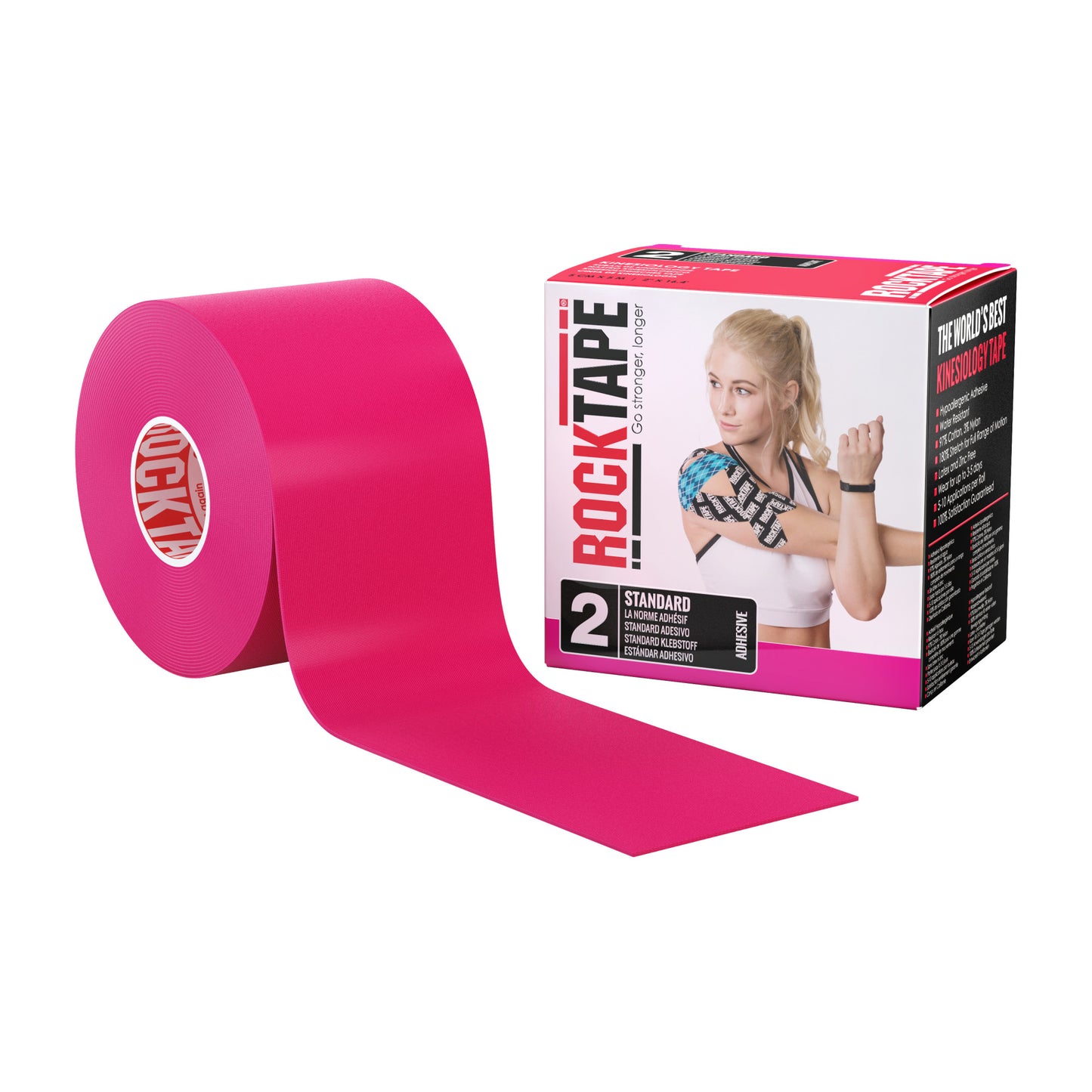 Pink kinesiology tape unrolls beside a box featuring a woman applying it to her arm.