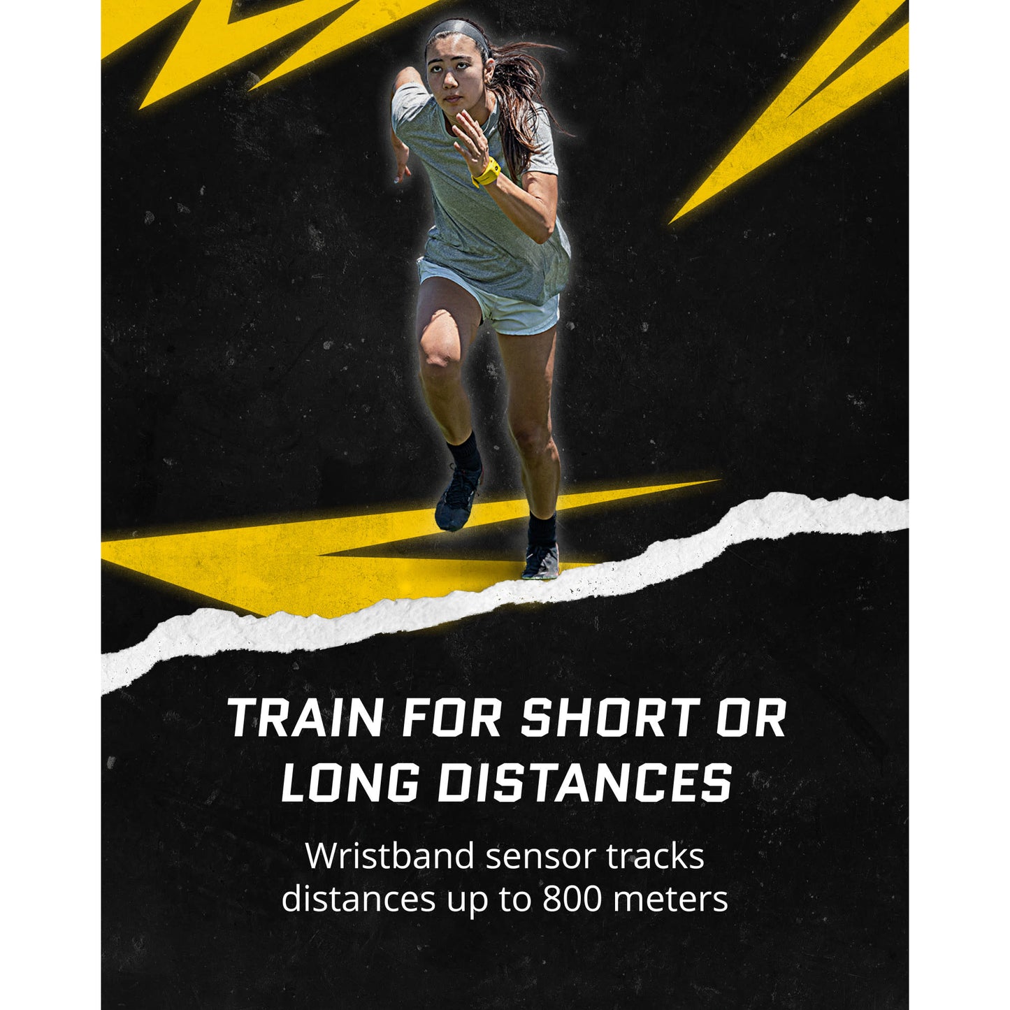 Runner shoes propel a woman forward outdoors with wristband sensor tracking distances up to 800 meters.