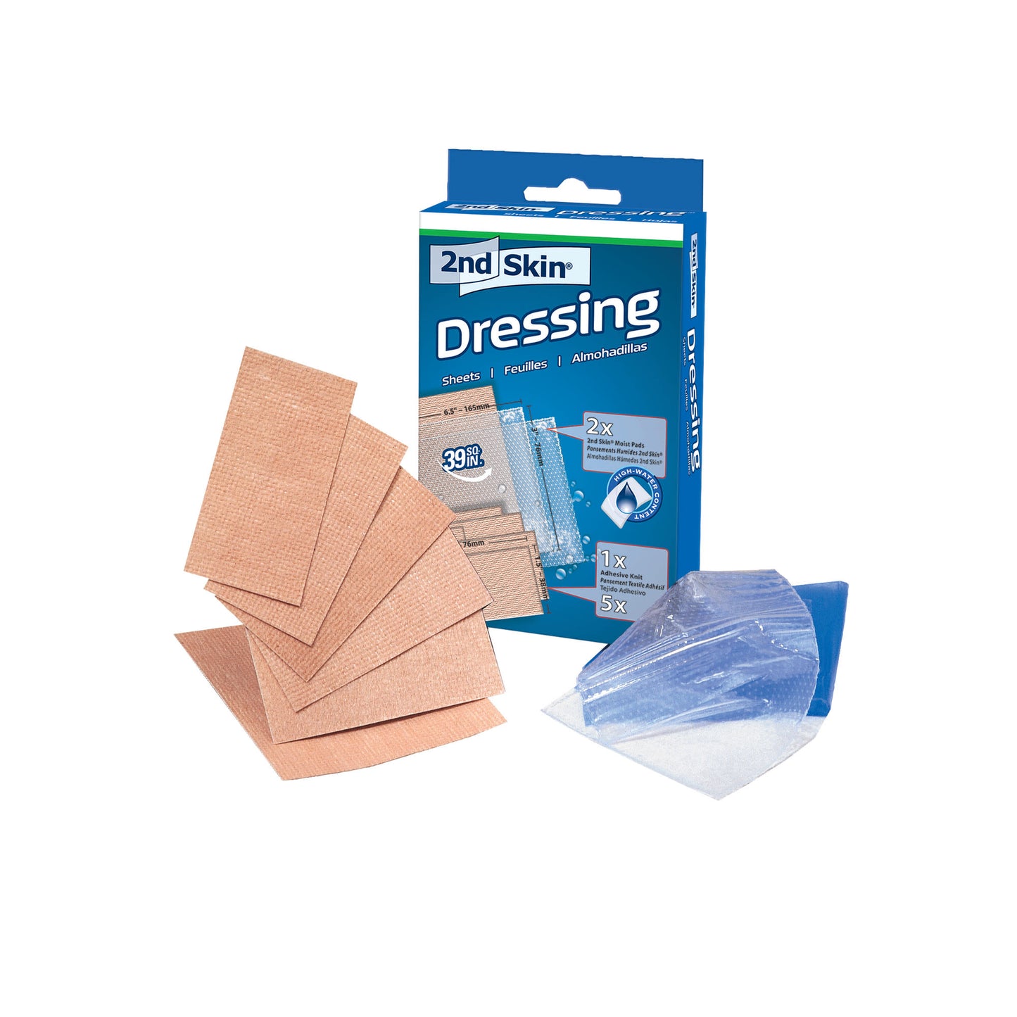 The adhesive bandages attach to skin in a dressing kit for wound protection in first aid.