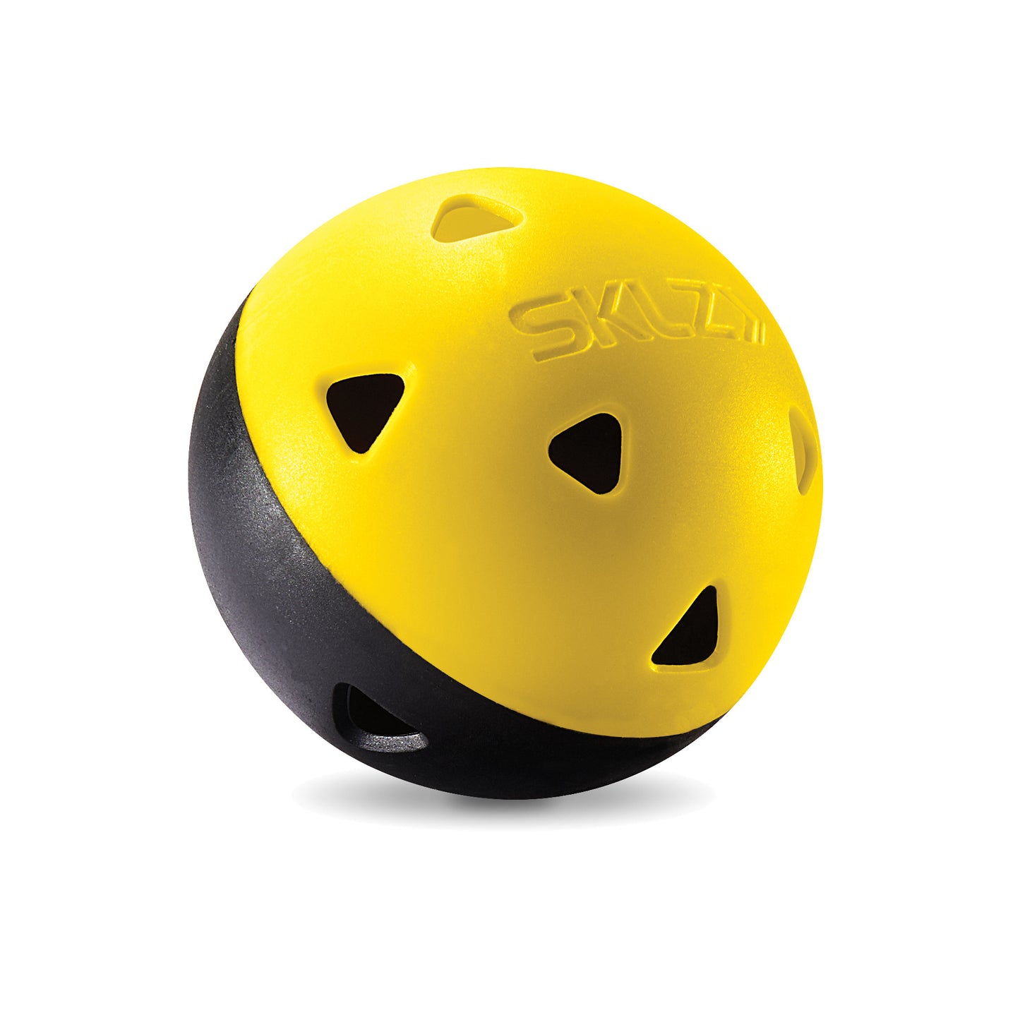 A yellow and black skateball with holes is used for skatepark training activities