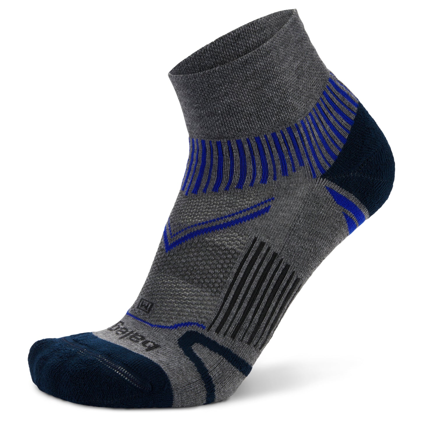 A technical sock is displayed with patterns and padding for athletic footwear