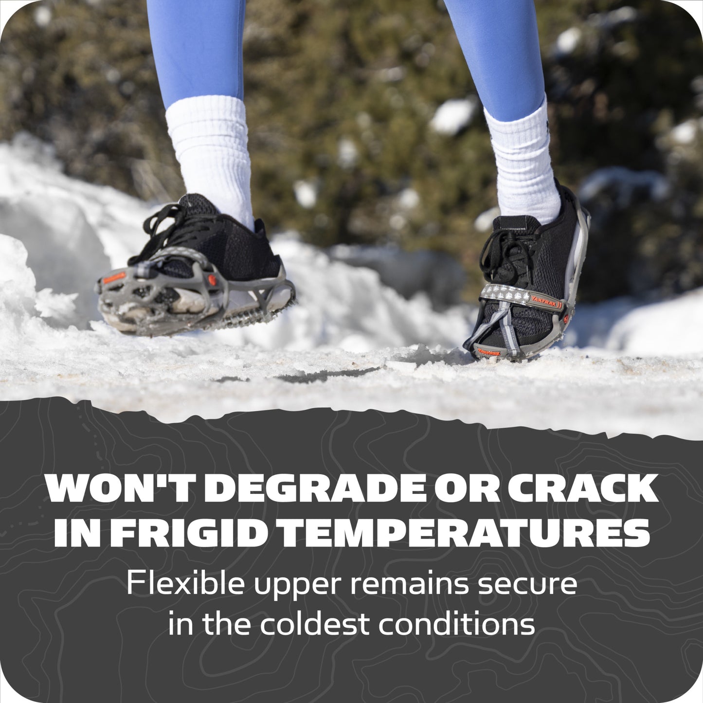 Person wears snow shoes on ice in winter environment to prevent cracking or degradation