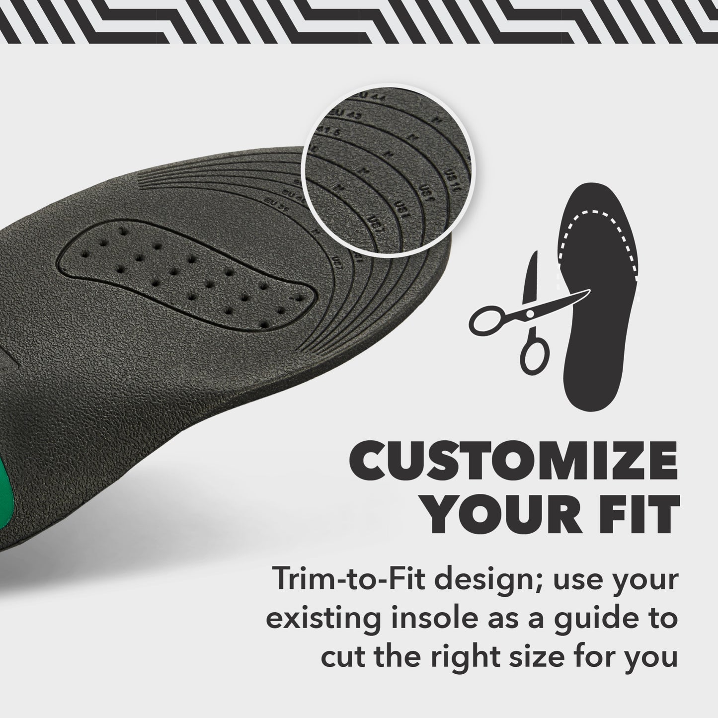 Insole with trim lines ready for cutting beside scissors illustration on a white background.
