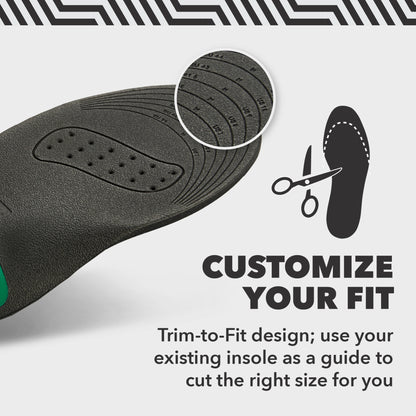 Insole with trim lines ready for cutting beside scissors illustration on a white background.