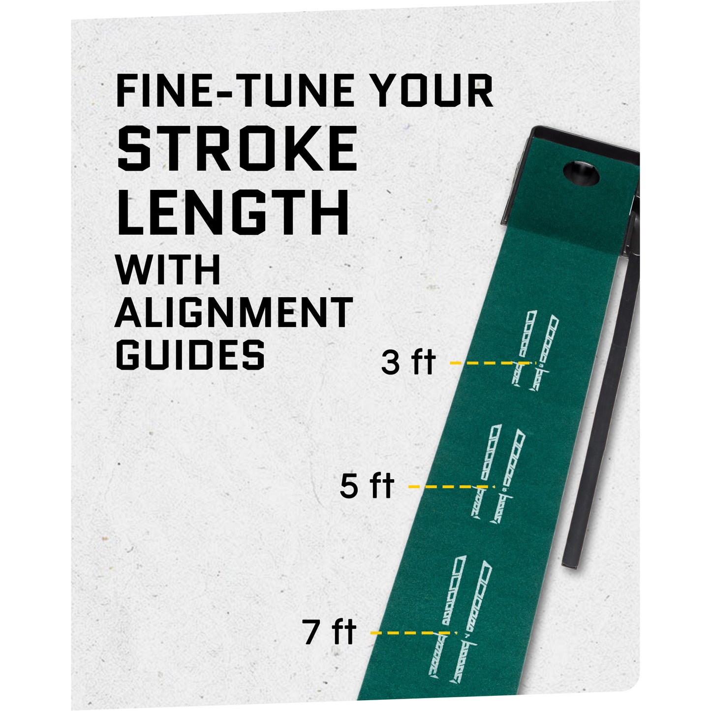 Golf club alignment guides help adjust stroke length on the mat surface