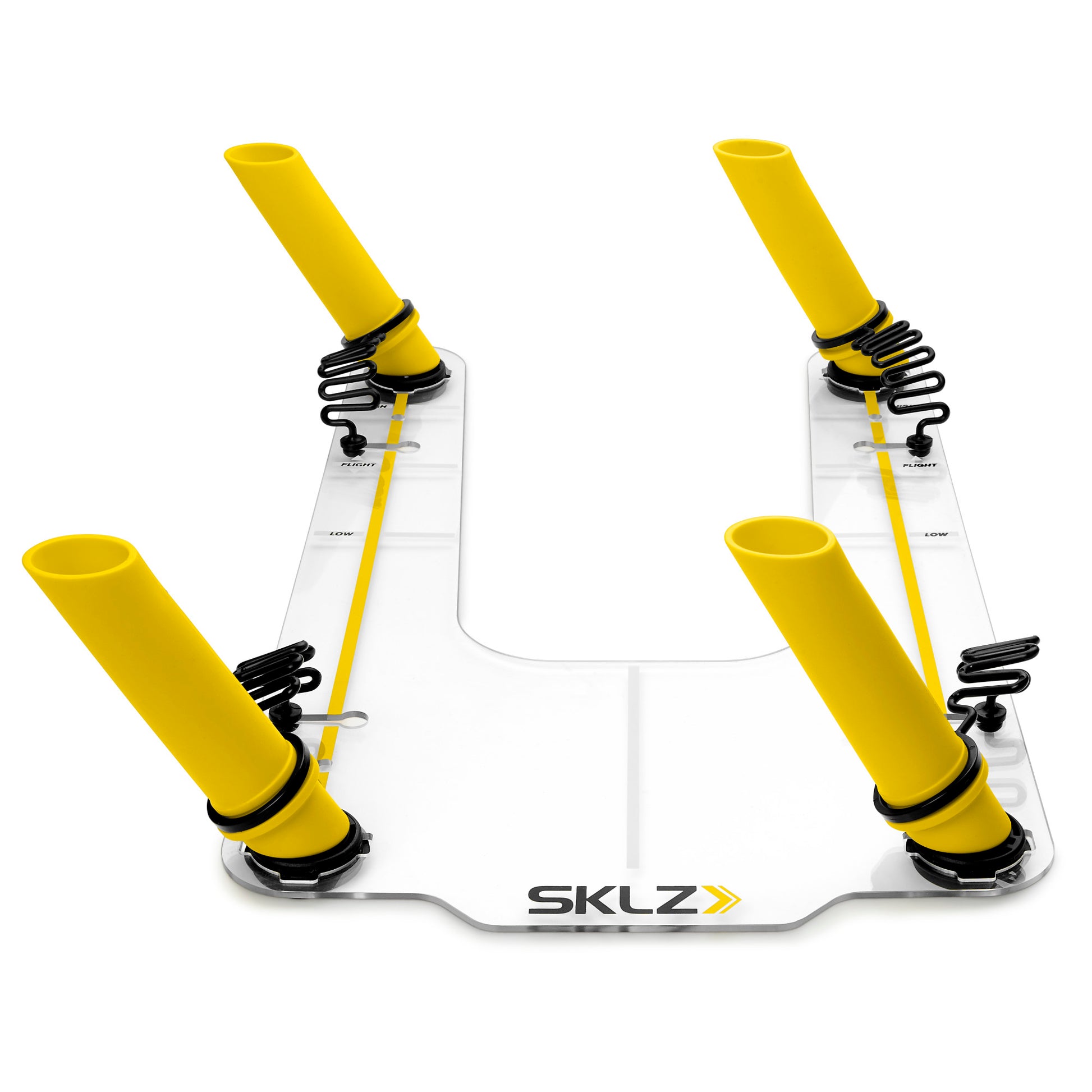 Four yellow and black skitz shock absorbers are mounted on a clear base in a testing setup