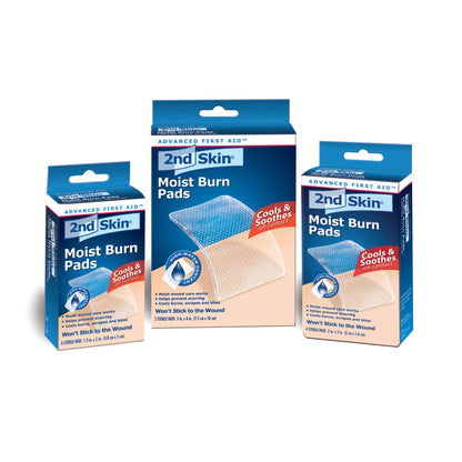 Boxes of 2nd Skin Moist Burn Pads absorb heat and soothe skin injuries