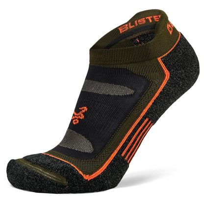 A sock with brand logo designed for sports activities in a retail display setting.