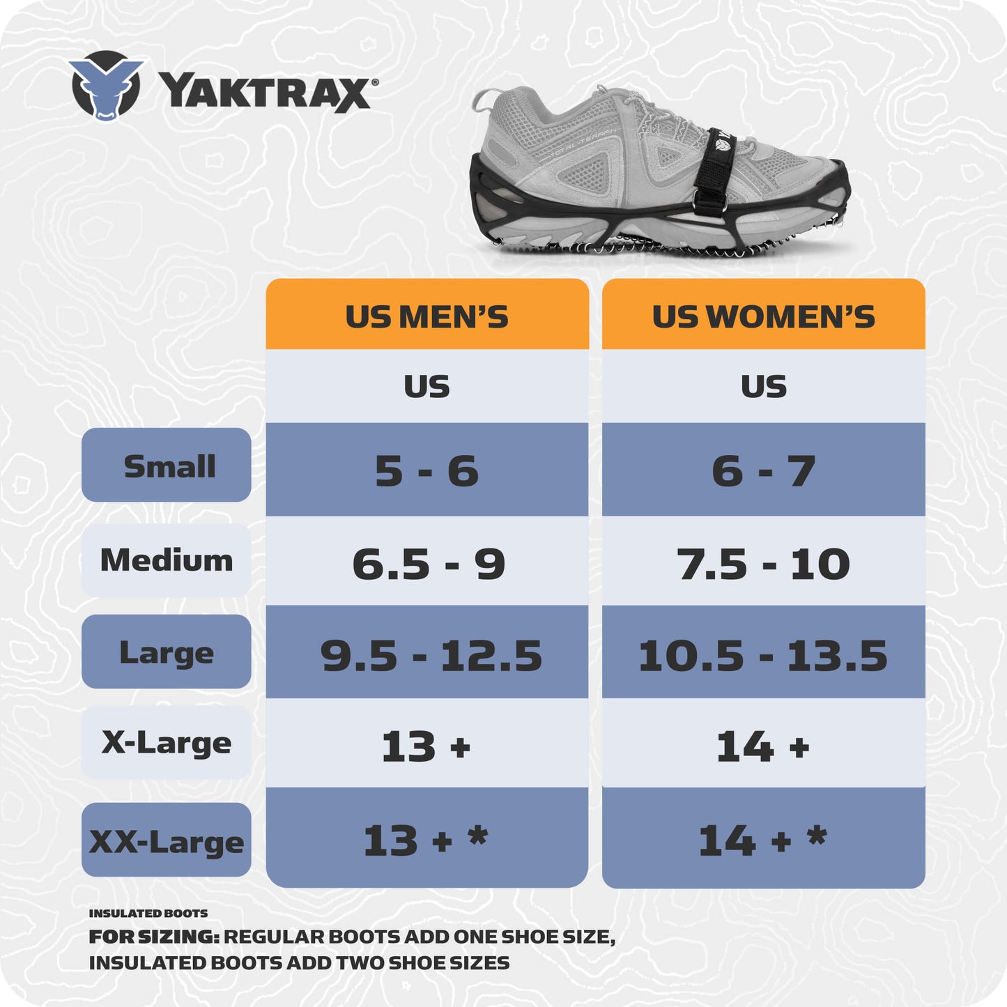 Chart displays Yaktrax shoe size ranges for US men and women by size category