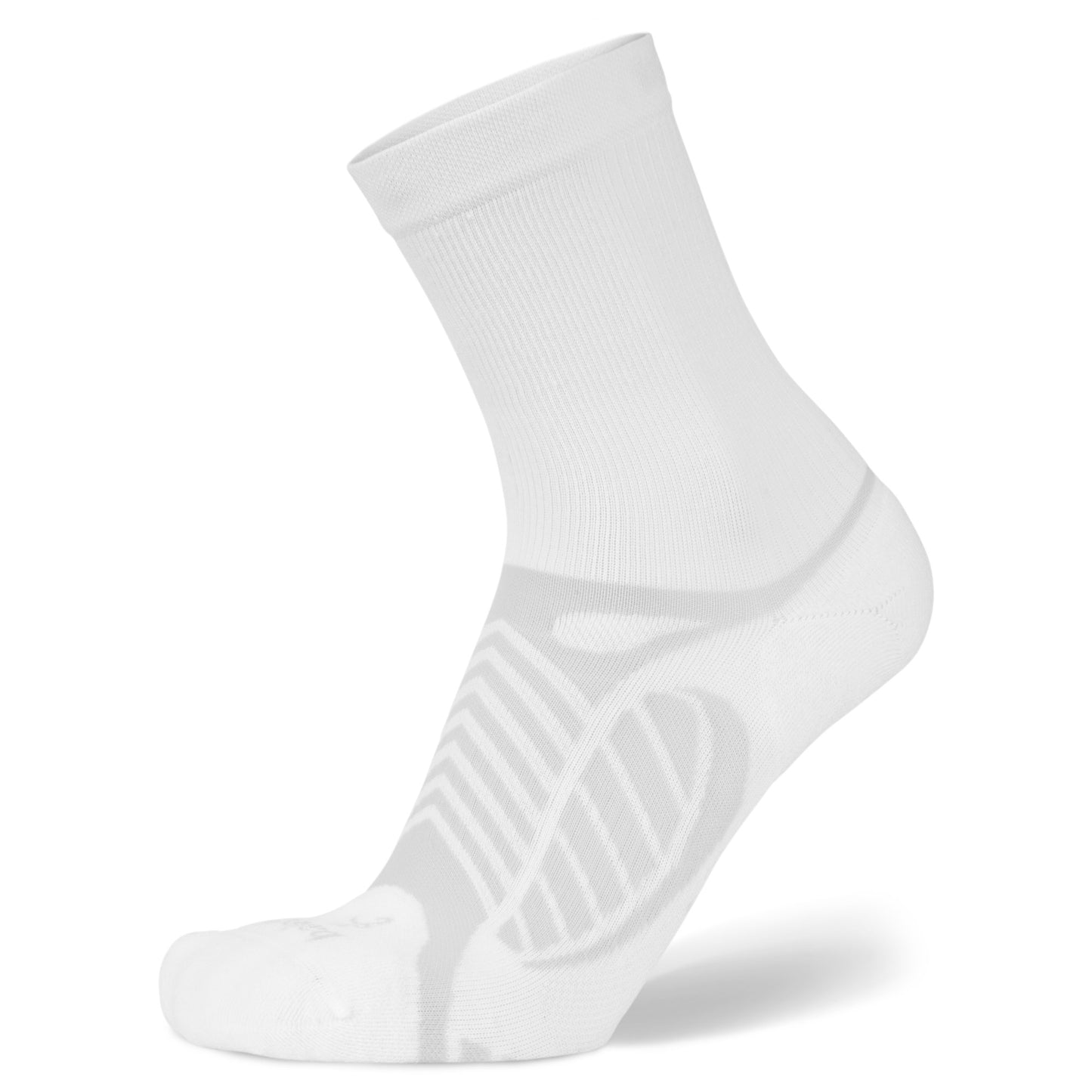 A white athletic sock displays in a side view against a white background.