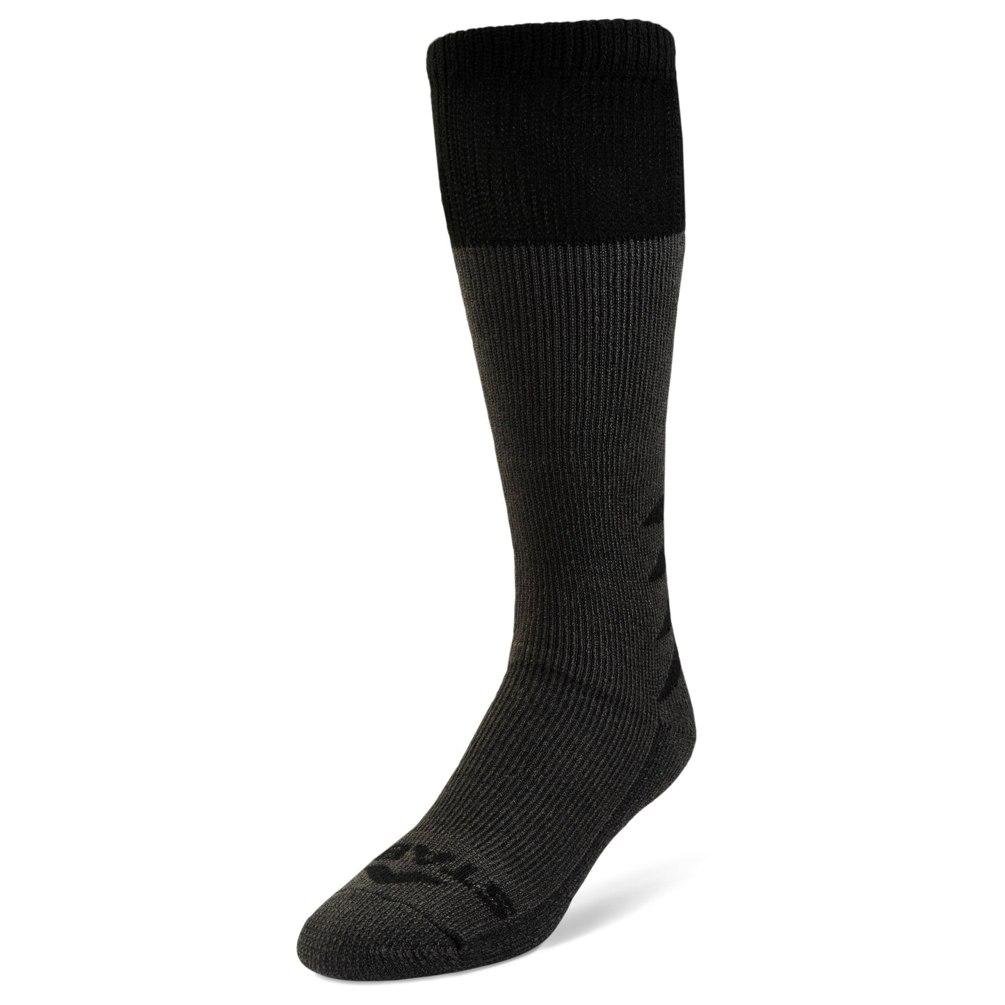 A black and gray athletic sock displays in isolation against a white background.