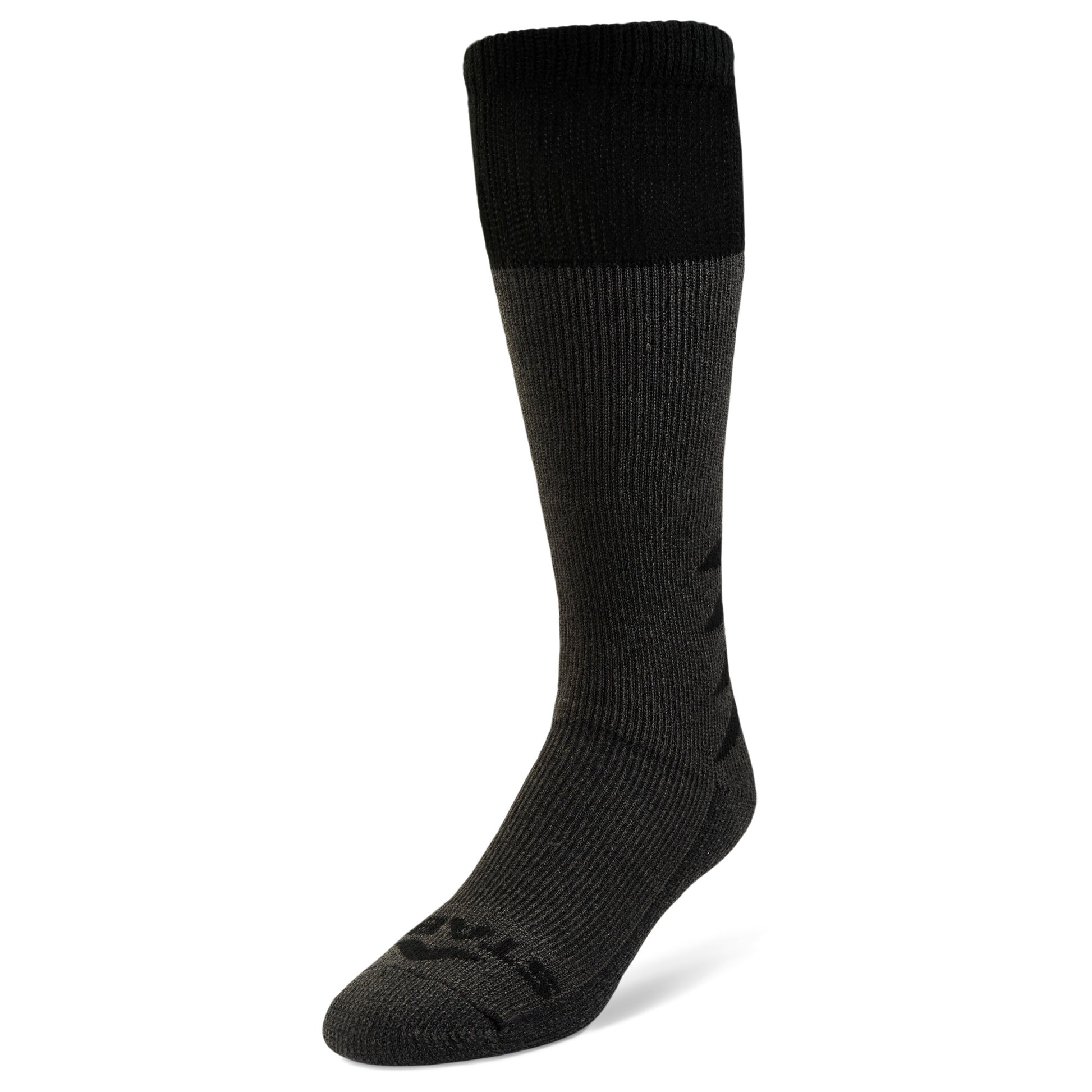 A black and gray athletic sock displays in isolation against a white background.