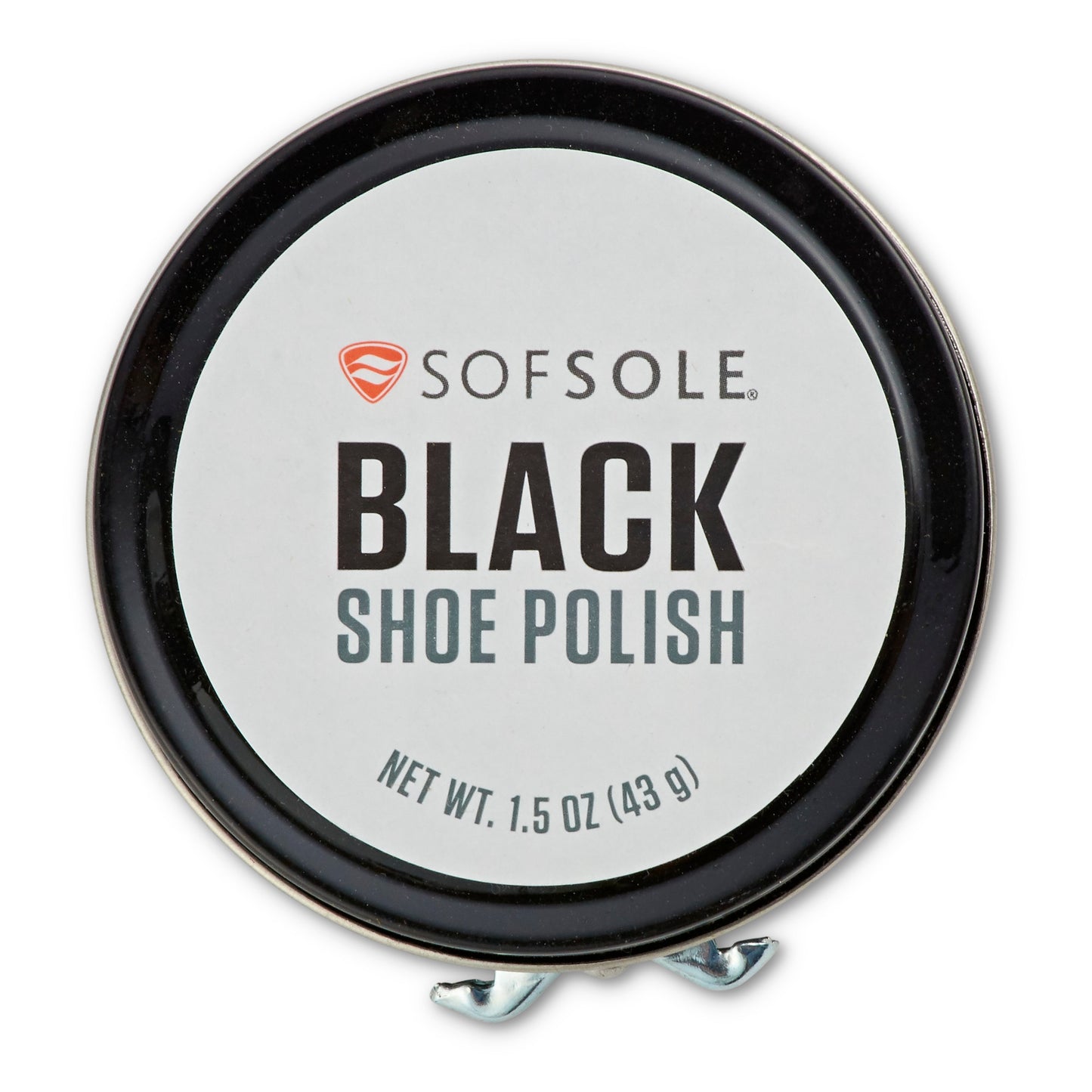 Black shoe polish container stabilizes on a surface with a clip, set against a plain background.