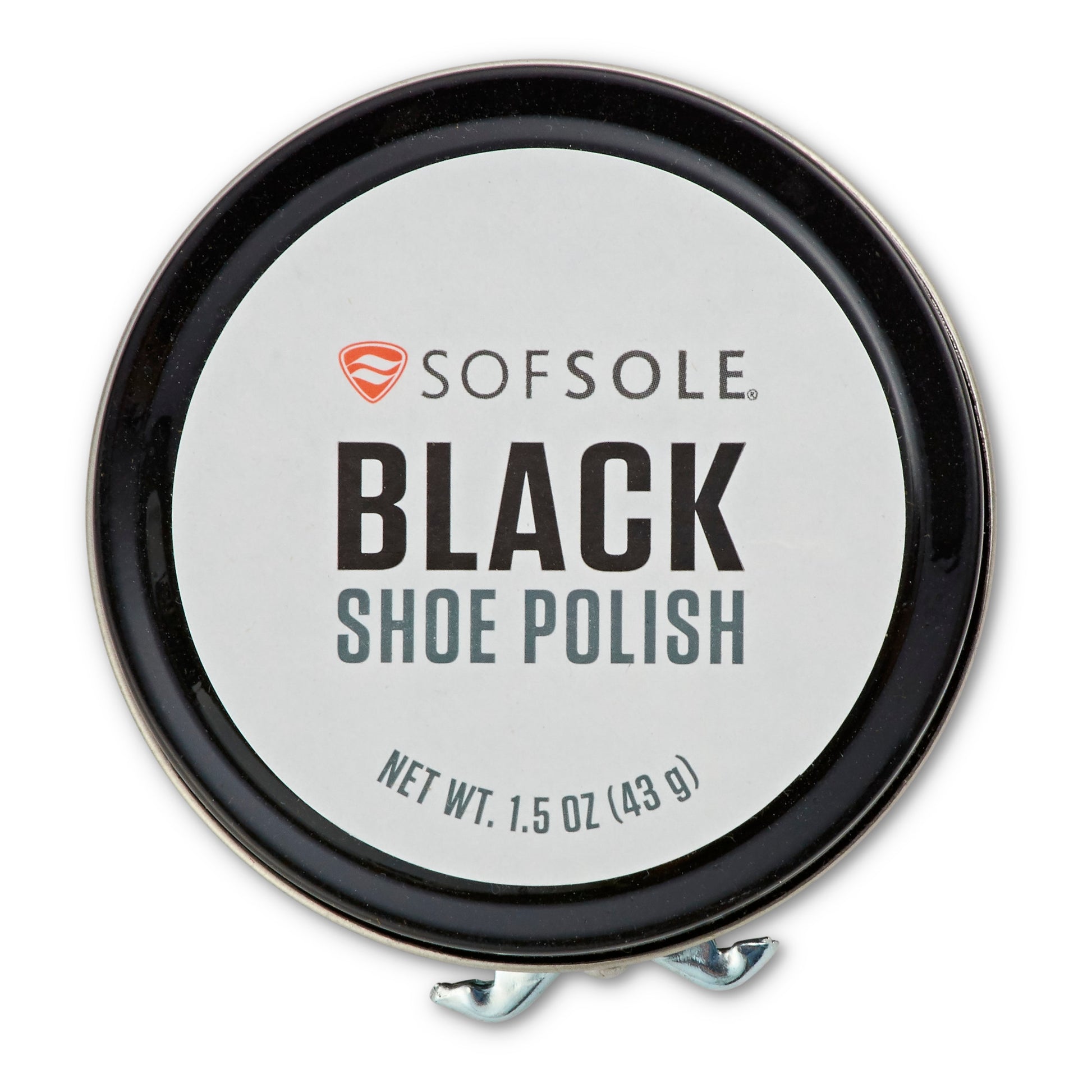 Black shoe polish container stabilizes on a surface with a clip, set against a plain background.