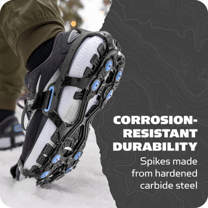 Shoe with ice spikes walking in snowy terrain, highlighting durable carbide steel.